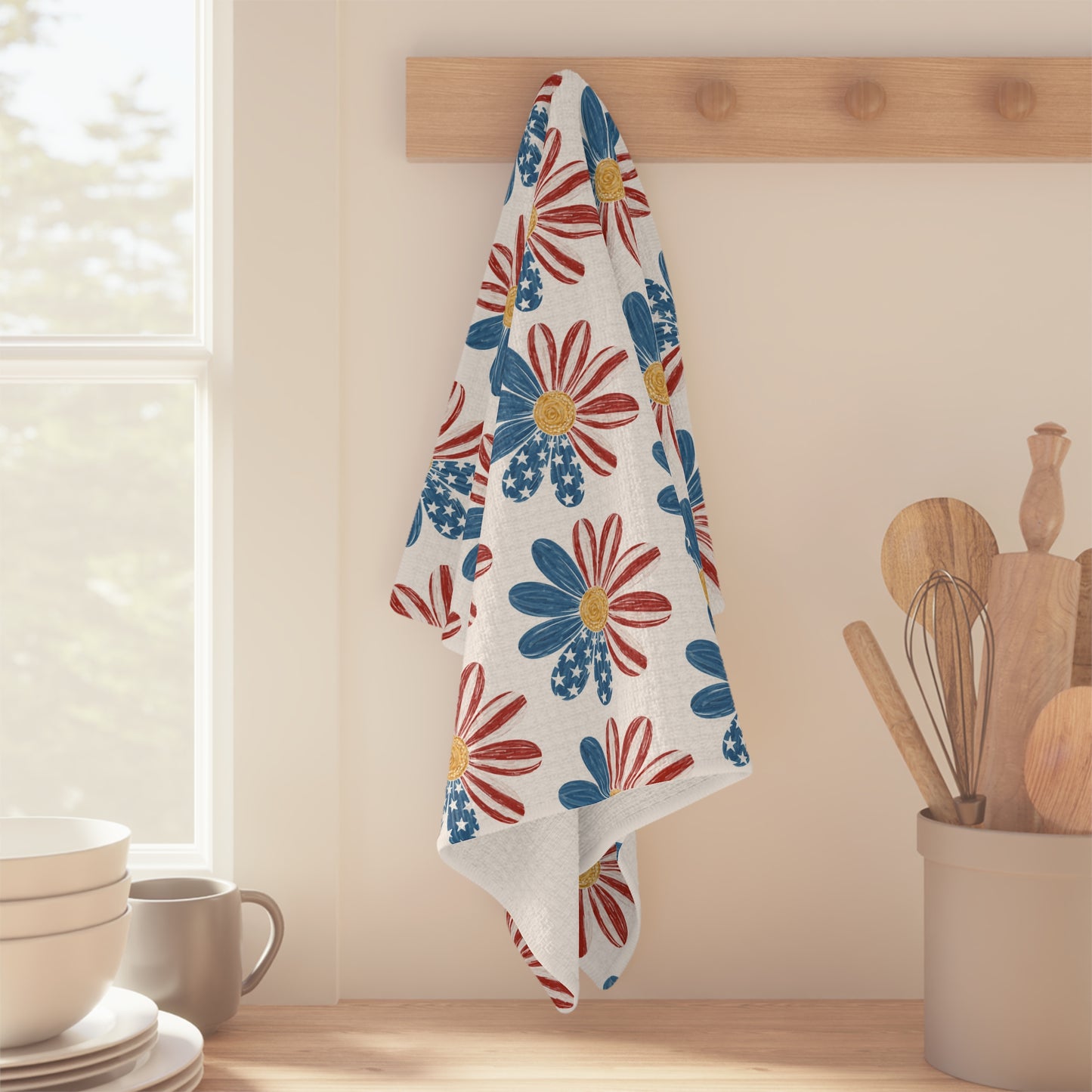 Patriotic American Flag Daisy Pattern Tea Towel