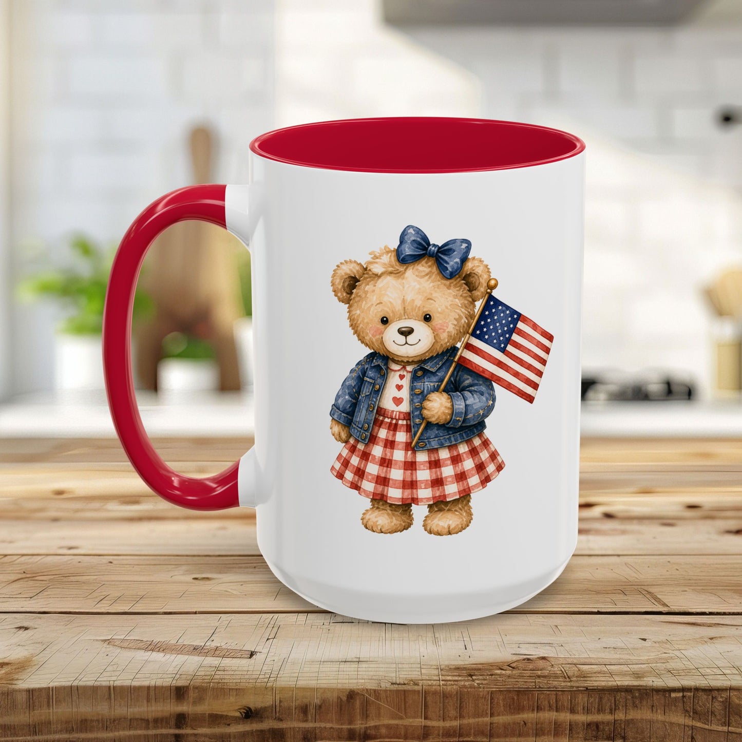 Patriotic Teddy Bear Girl with Gingham Dress (11/15oz)