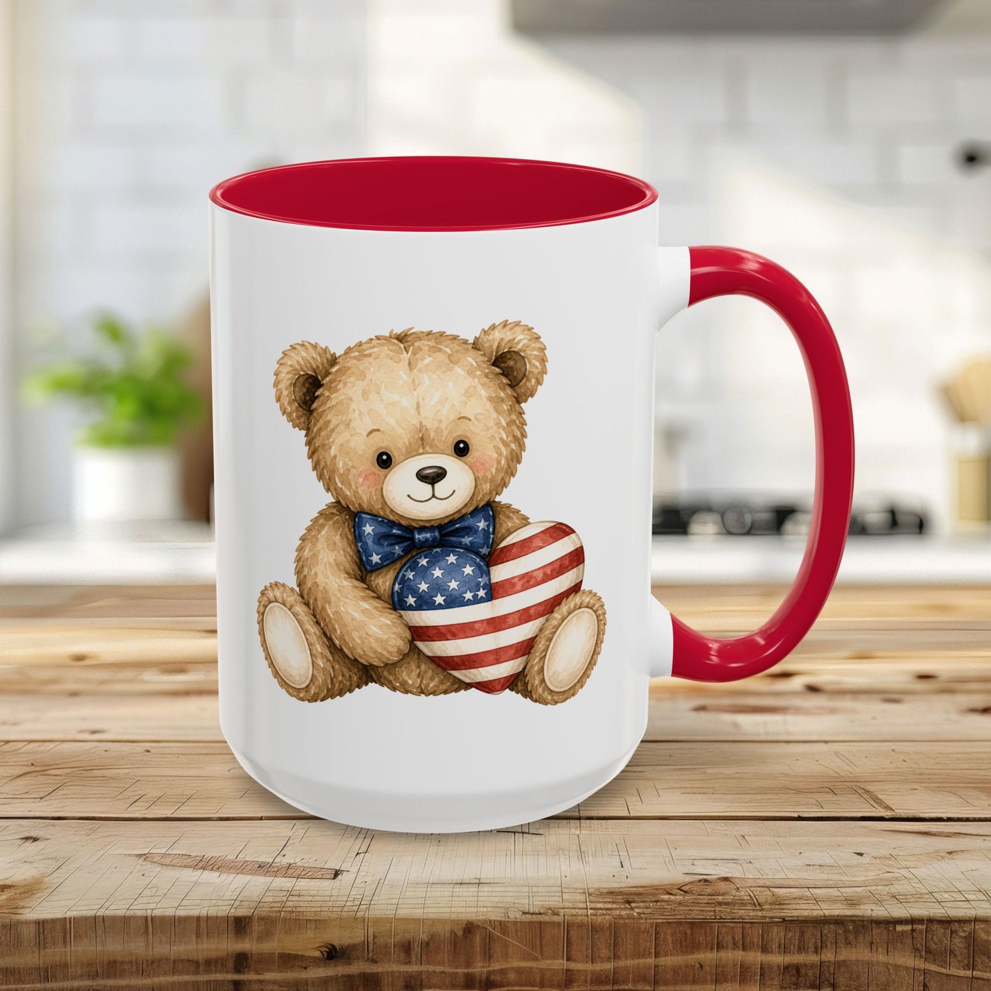 Patriotic Teddy Bear with American Flag Heart Mug (11/15oz)