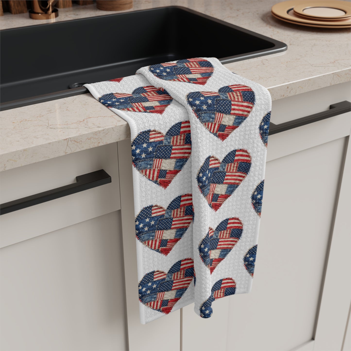 American Flag Faux Patchwork Heart Tea Towel