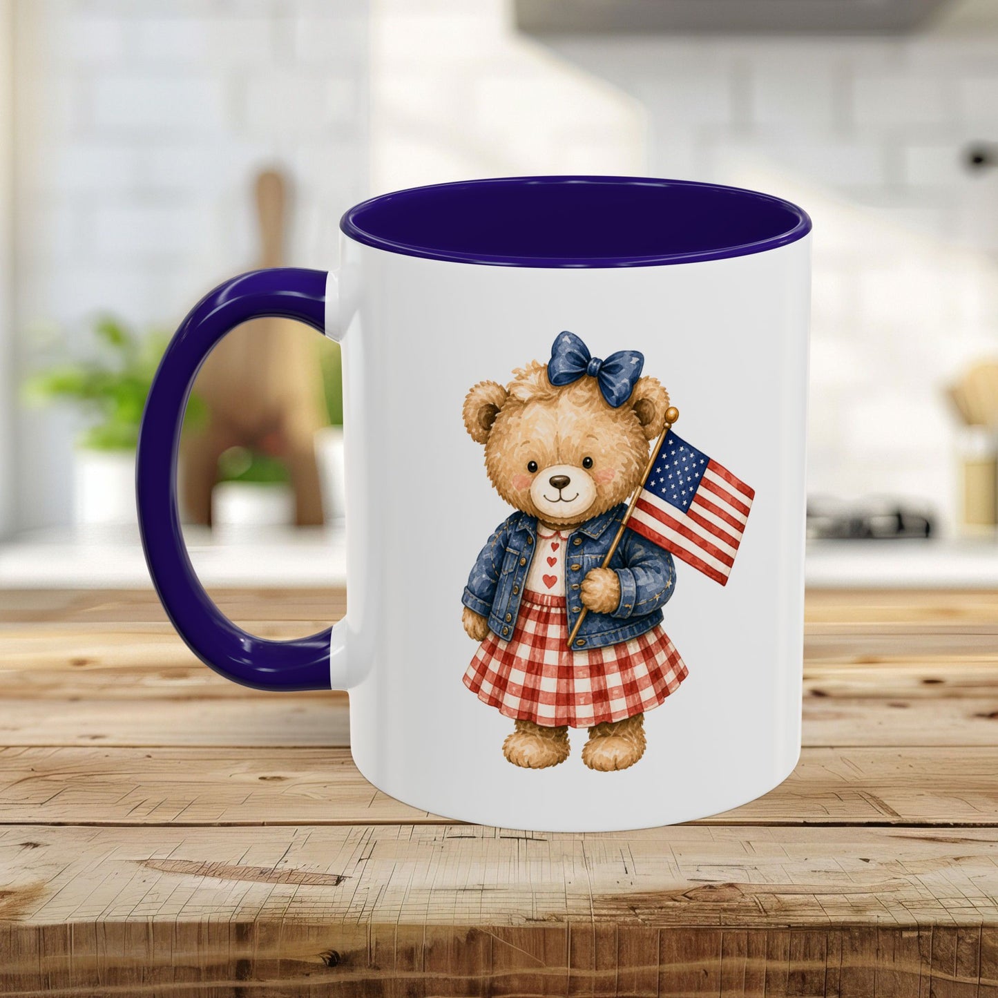 Patriotic Teddy Bear Girl with Gingham Dress (11/15oz)