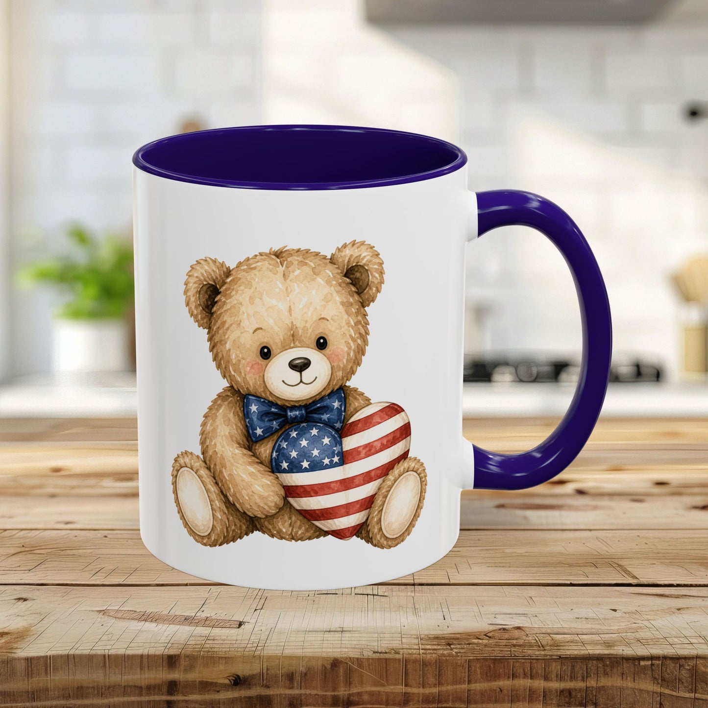Patriotic Teddy Bear with American Flag Heart Mug (11/15oz)