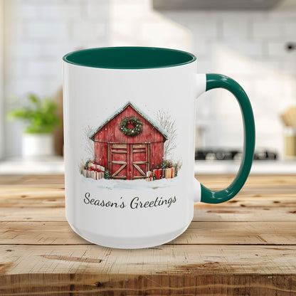 Snowy Christmas Red Barn with Gifts Mug (11/15oz)