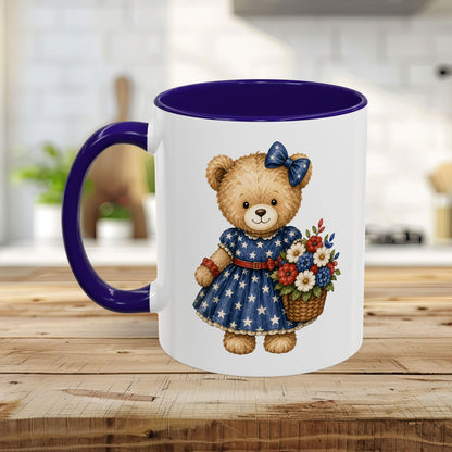 Patriotic Teddy Bear Girl with Floral Basket Mug (11/15oz)