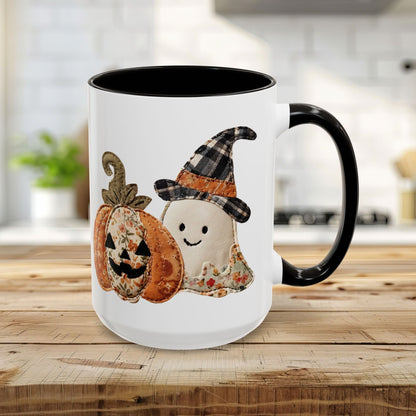 Patchwork Halloween Ghost & Jack-O'-Lantern Mug (11oz/15oz)