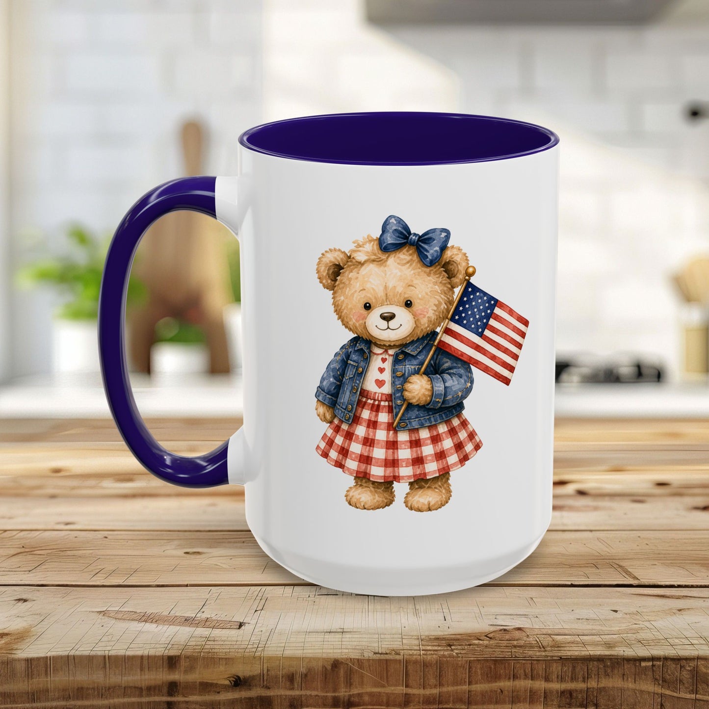 Patriotic Teddy Bear Girl with Gingham Dress (11/15oz)