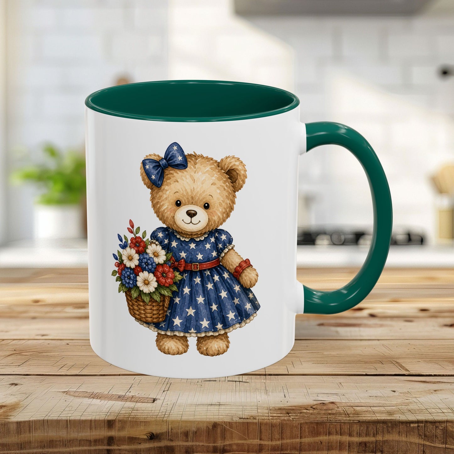 Patriotic Teddy Bear Girl with Floral Basket Mug (11/15oz)