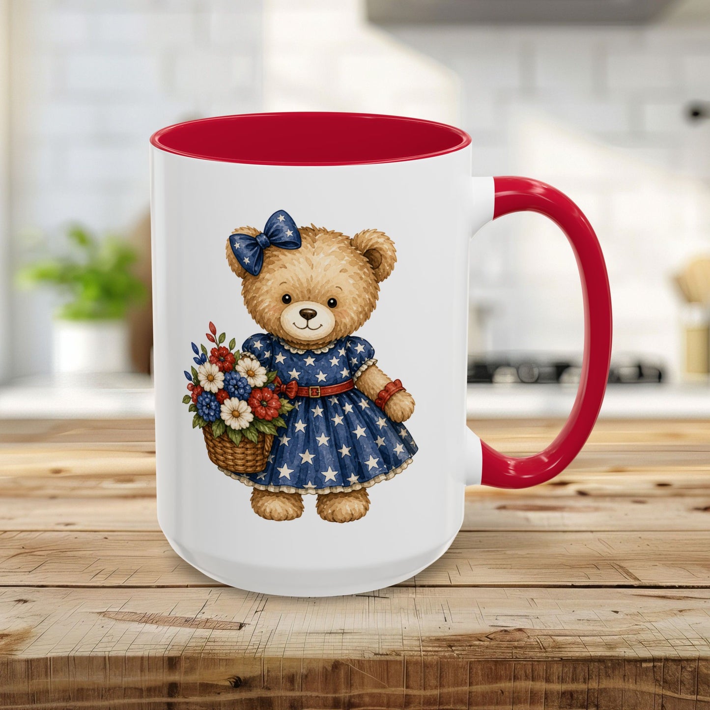 Patriotic Teddy Bear Girl with Floral Basket Mug (11/15oz)