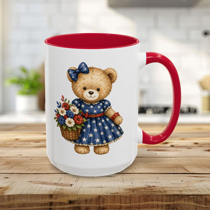 Patriotic Teddy Bear Girl with Floral Basket Mug (11/15oz)