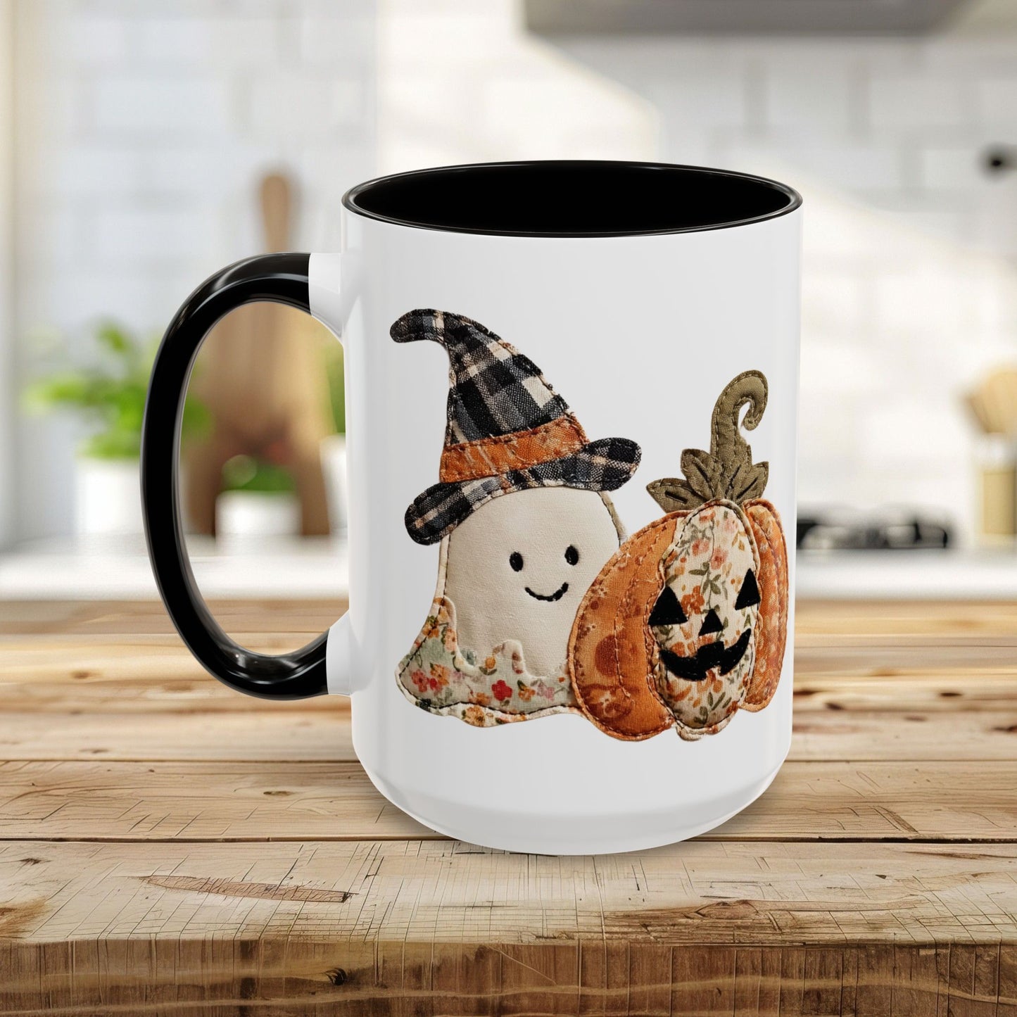 Patchwork Halloween Ghost & Jack-O'-Lantern Mug (11oz/15oz)