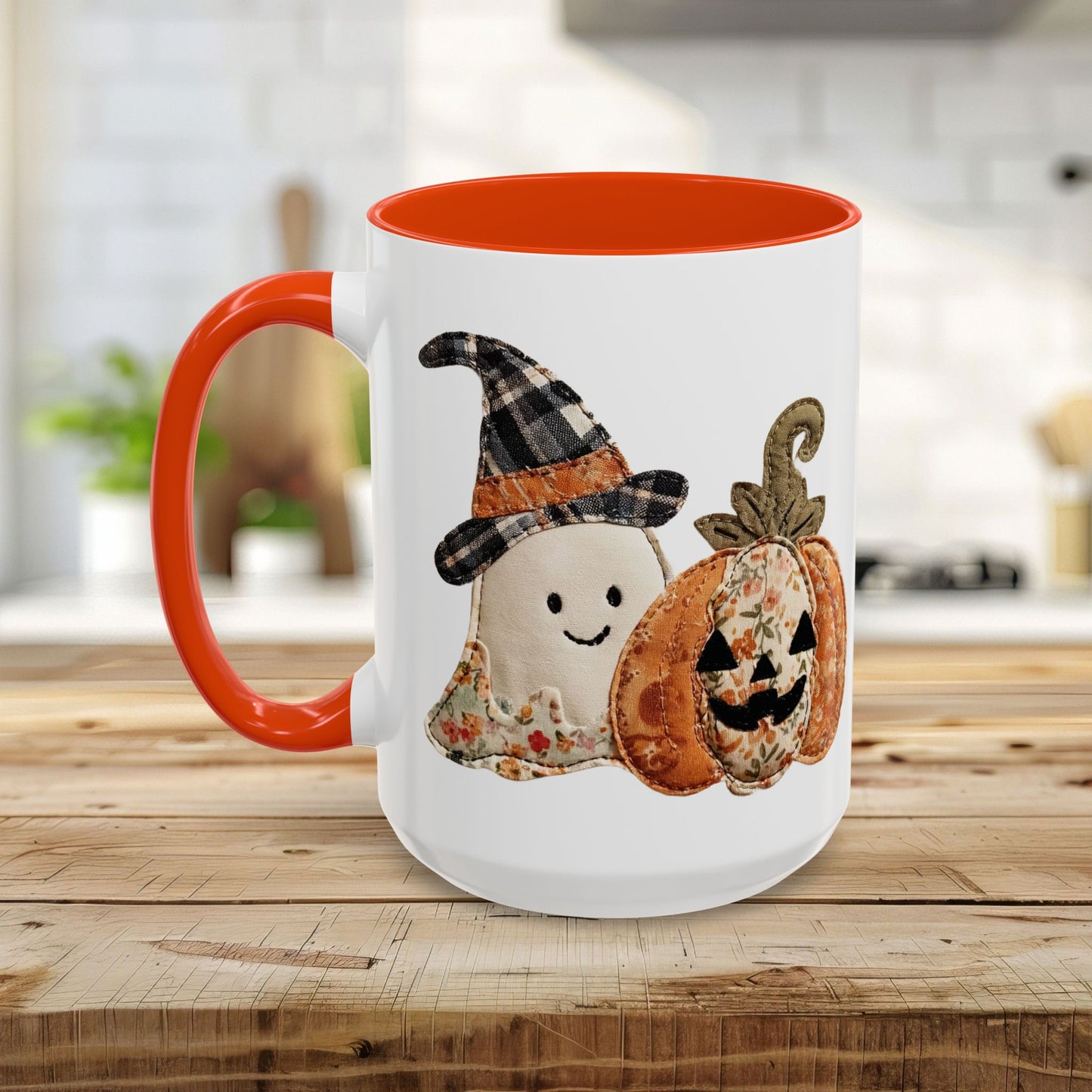 Patchwork Halloween Ghost & Jack-O'-Lantern Mug (11oz/15oz)