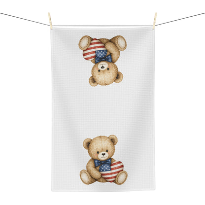 Patriotic Teddy Bear with American Flag Heart Tea Towel