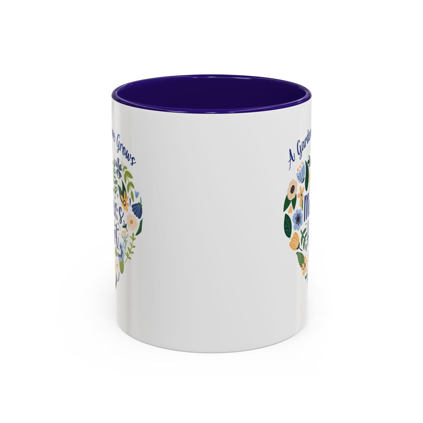 White ceramic mug with purple interior and handle, featuring a floral heart design and "A Garden of Love" text.