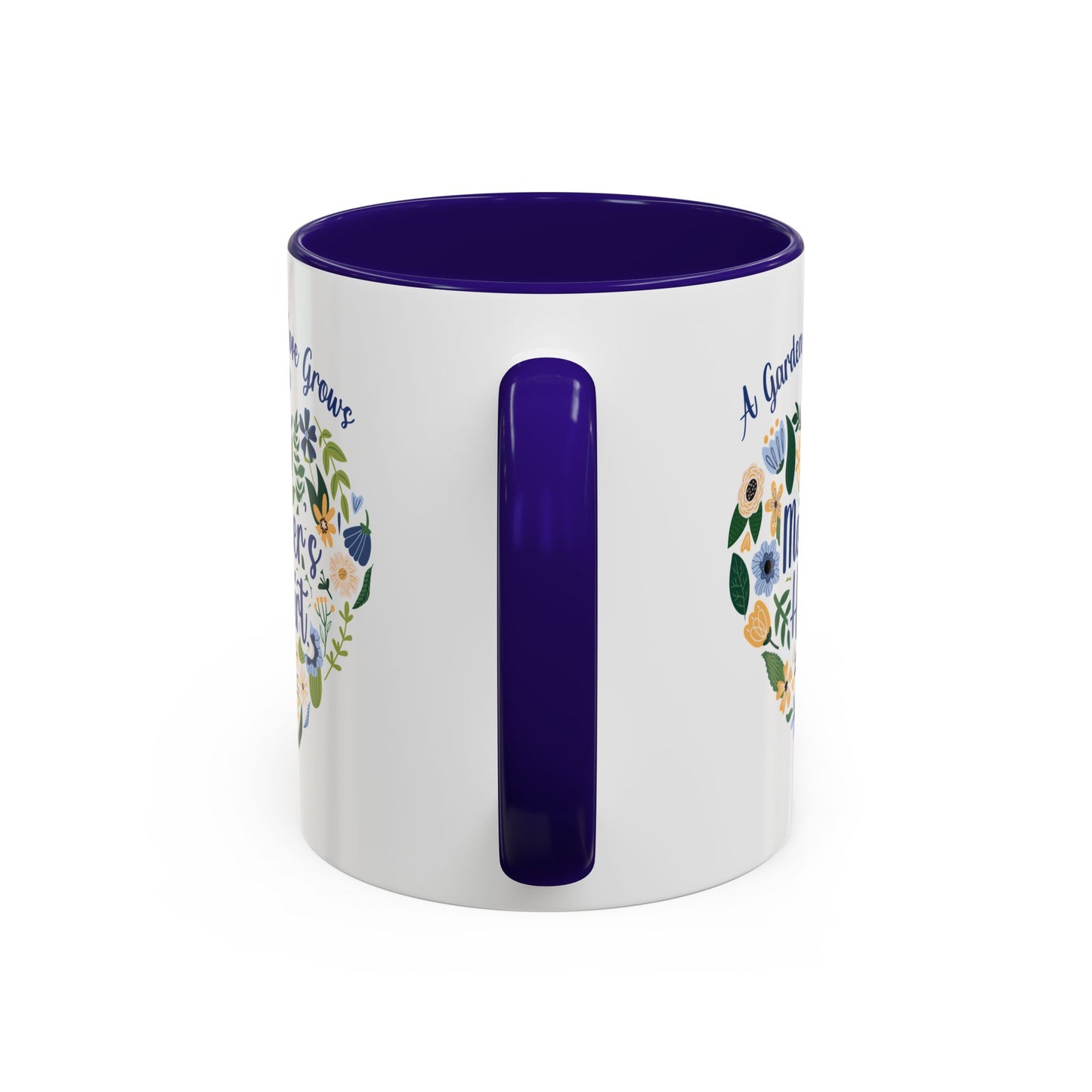 White ceramic mug with a purple handle and interior, featuring a floral heart design and "A garden of love" text.