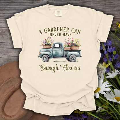 Ivory S-size cotton t-shirt with a vintage watercolor pickup truck overflowing with flowers and text.