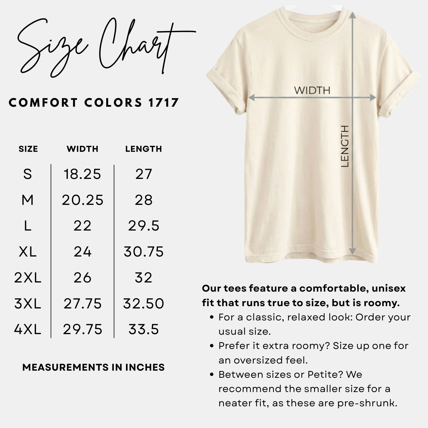Cream-colored Comfort Colors 1717 t-shirt size chart with width and length measurements in inches for sizes S to 4XL.