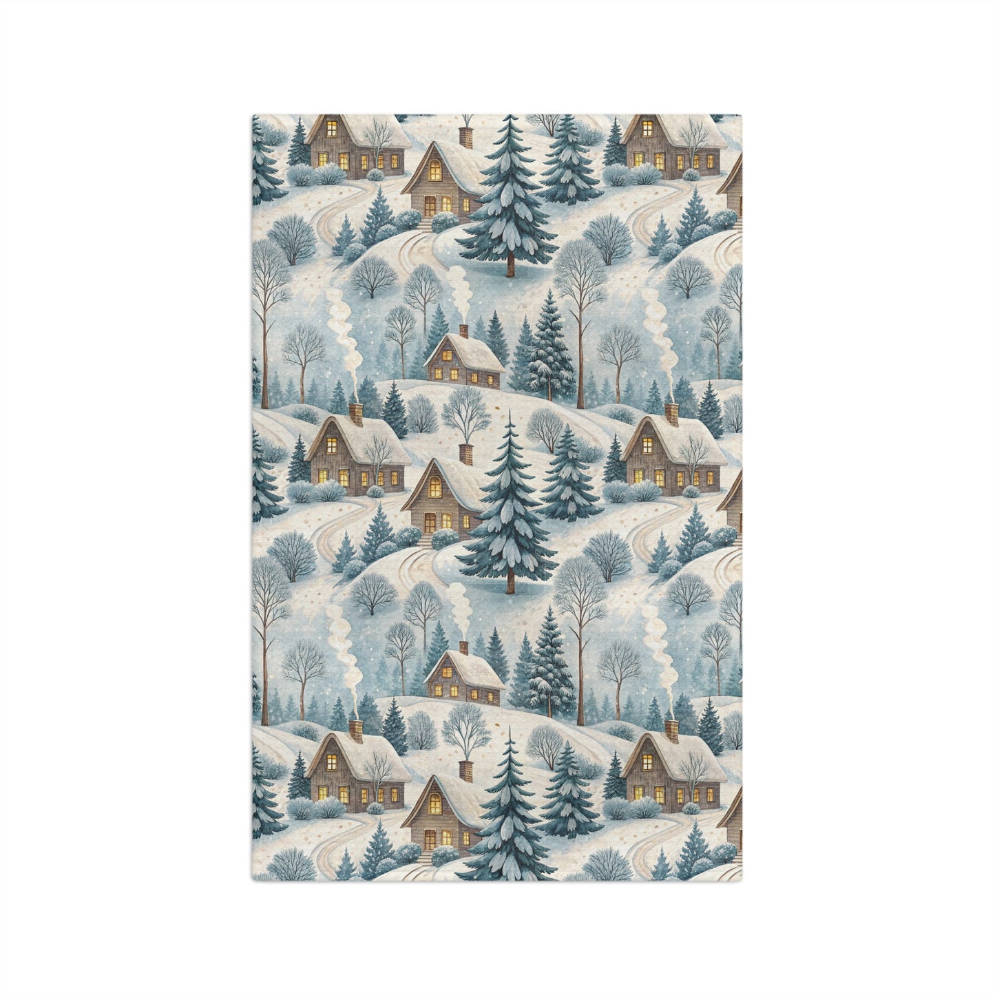 Microfiber tea towel with a muted blue and ochre Alpine winter village scene, featuring cozy cottages and frosted pines.