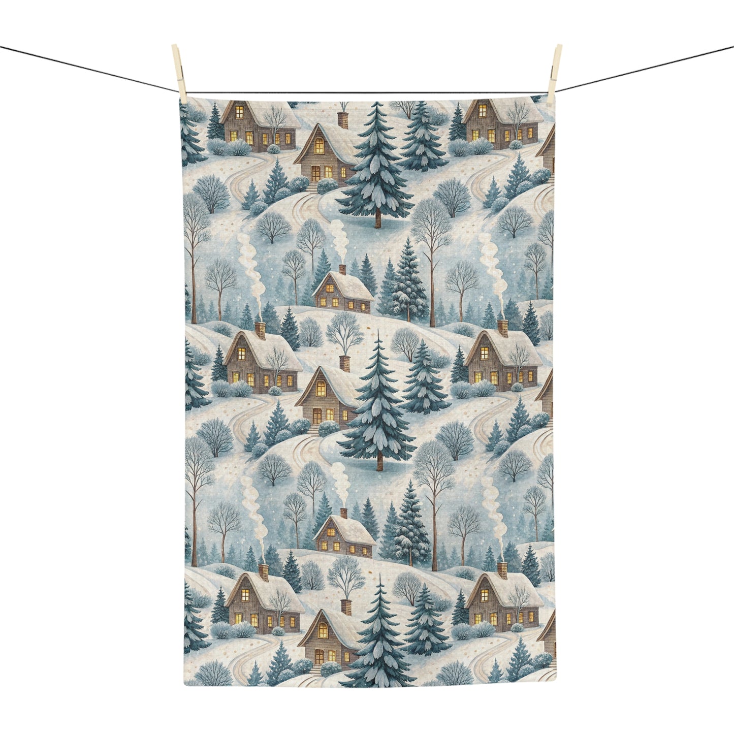 Microfiber tea towel with a snowy Alpine winter village scene, featuring cozy cottages and frosted pines.