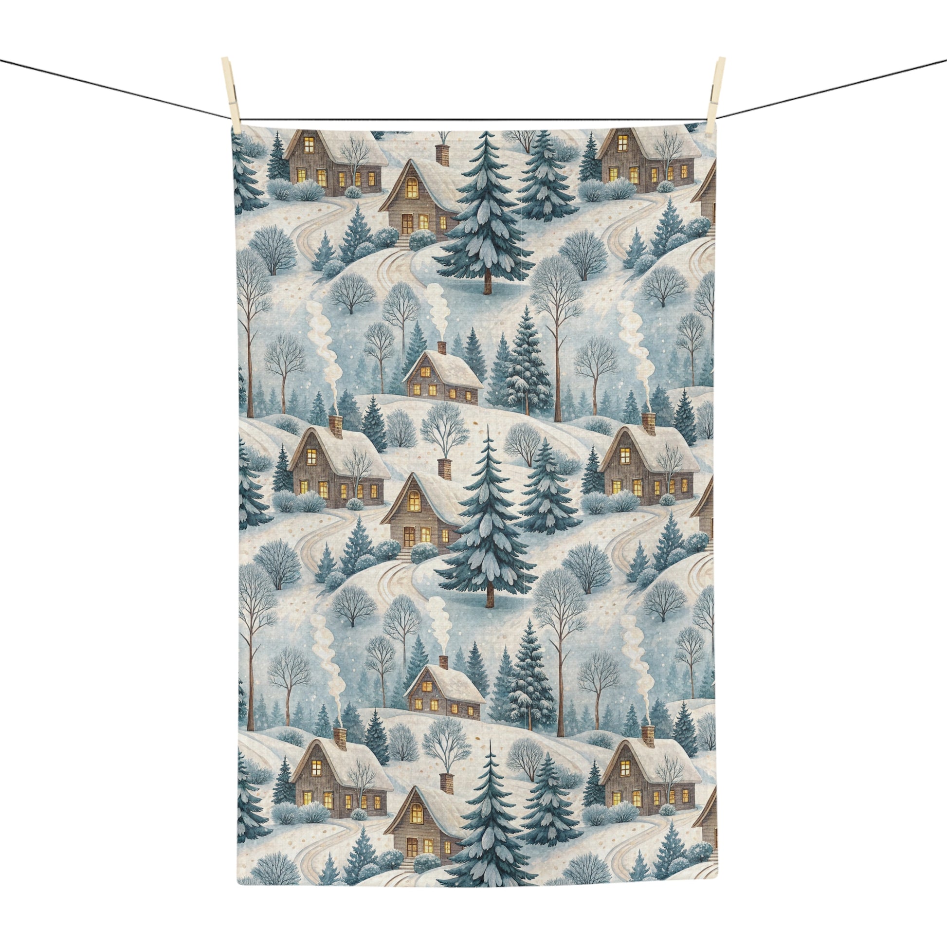 Microfiber tea towel with a snowy Alpine winter village scene, featuring cozy cottages and frosted pines.
