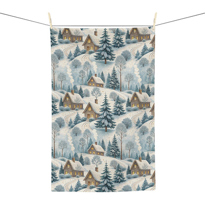 Microfiber tea towel with a snowy Alpine winter village scene, featuring cozy cottages and frosted pines.