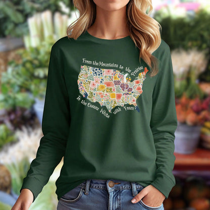 America the Beautiful Floral Map Long Sleeve Tee