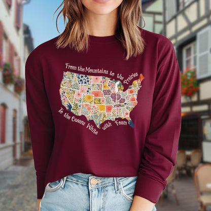 America the Beautiful Floral Map Long Sleeve Tee