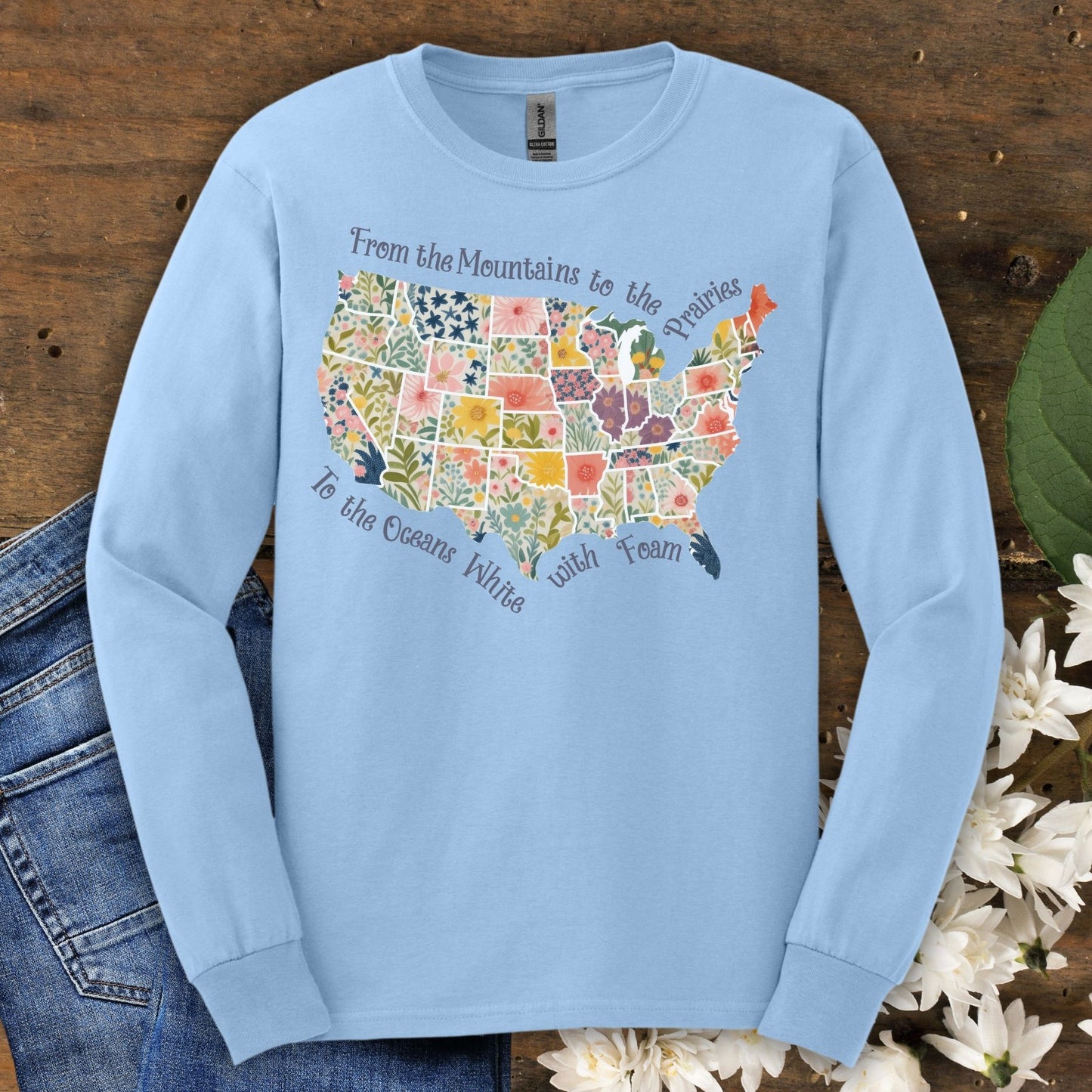 America the Beautiful Floral Map Long Sleeve Tee
