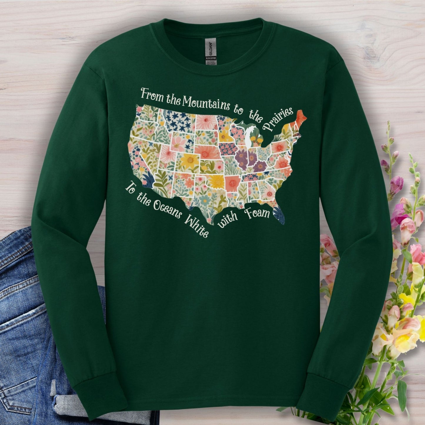 America the Beautiful Floral Map Long Sleeve Tee