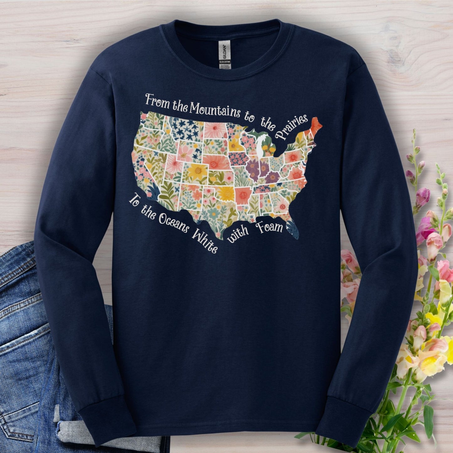 America the Beautiful Floral Map Long Sleeve Tee