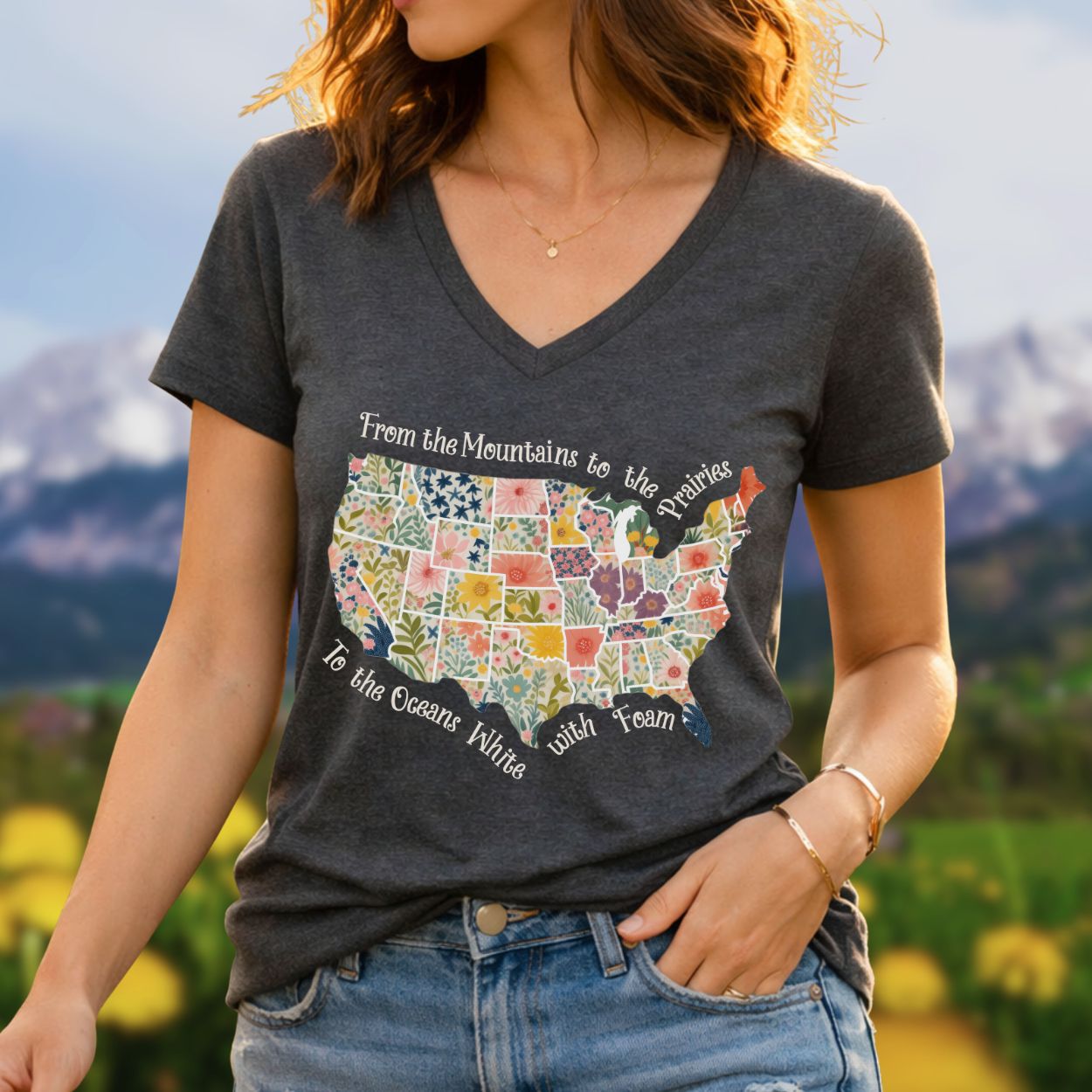 America the Beautiful Floral Map V-Neck T-Shirt