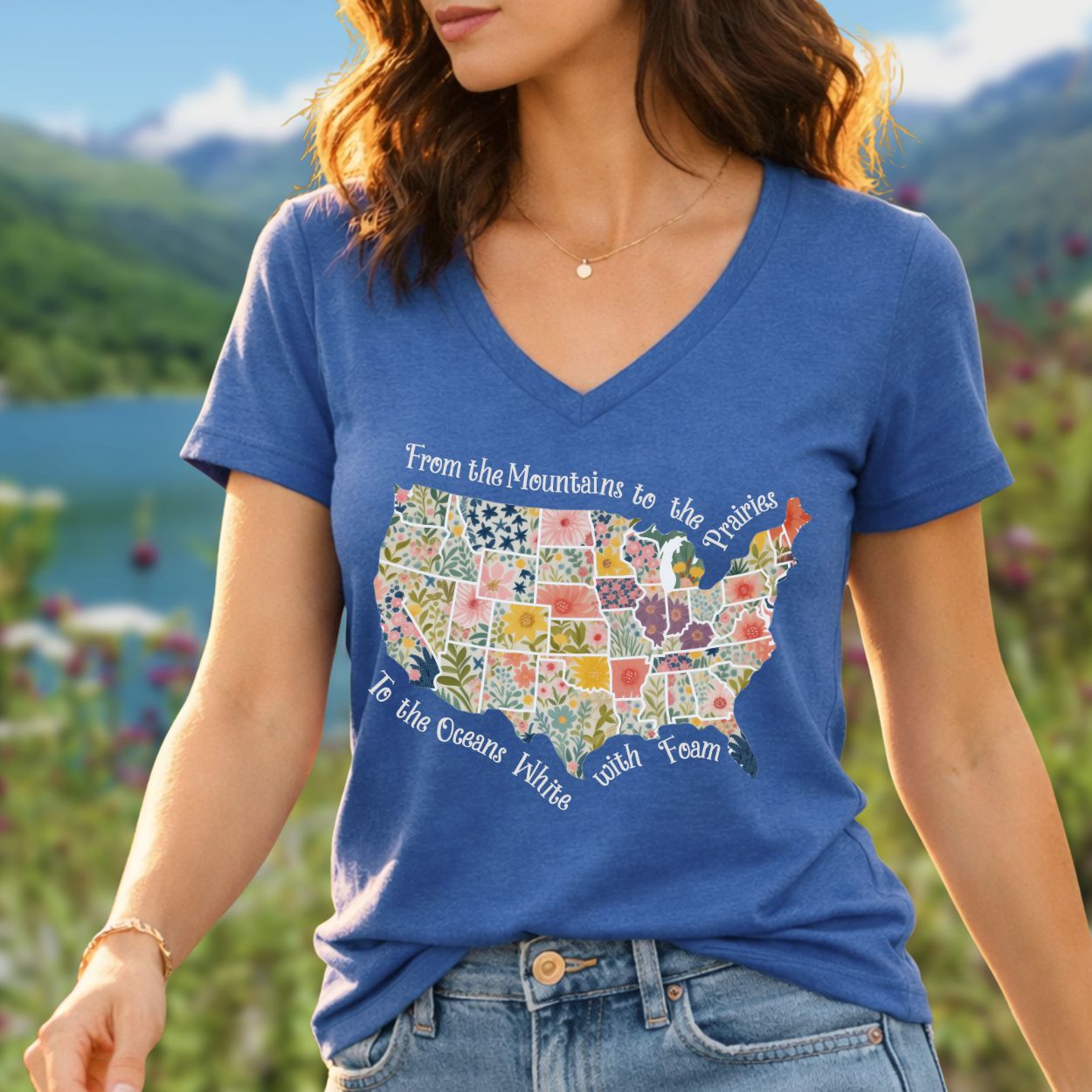 America the Beautiful Floral Map V-Neck T-Shirt