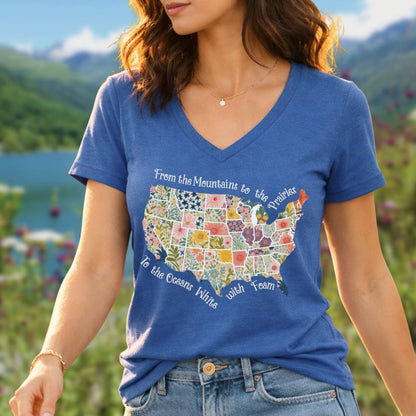 America the Beautiful Floral Map V-Neck T-Shirt