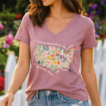 America the Beautiful Floral Map V-Neck T-Shirt