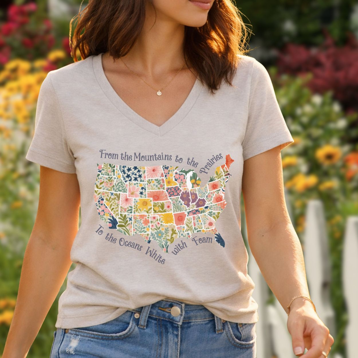 America the Beautiful Floral Map V-Neck T-Shirt
