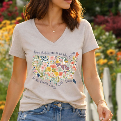 America the Beautiful Floral Map V-Neck T-Shirt