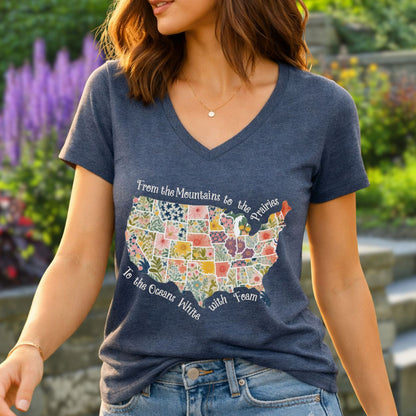 America the Beautiful Floral Map V-Neck T-Shirt