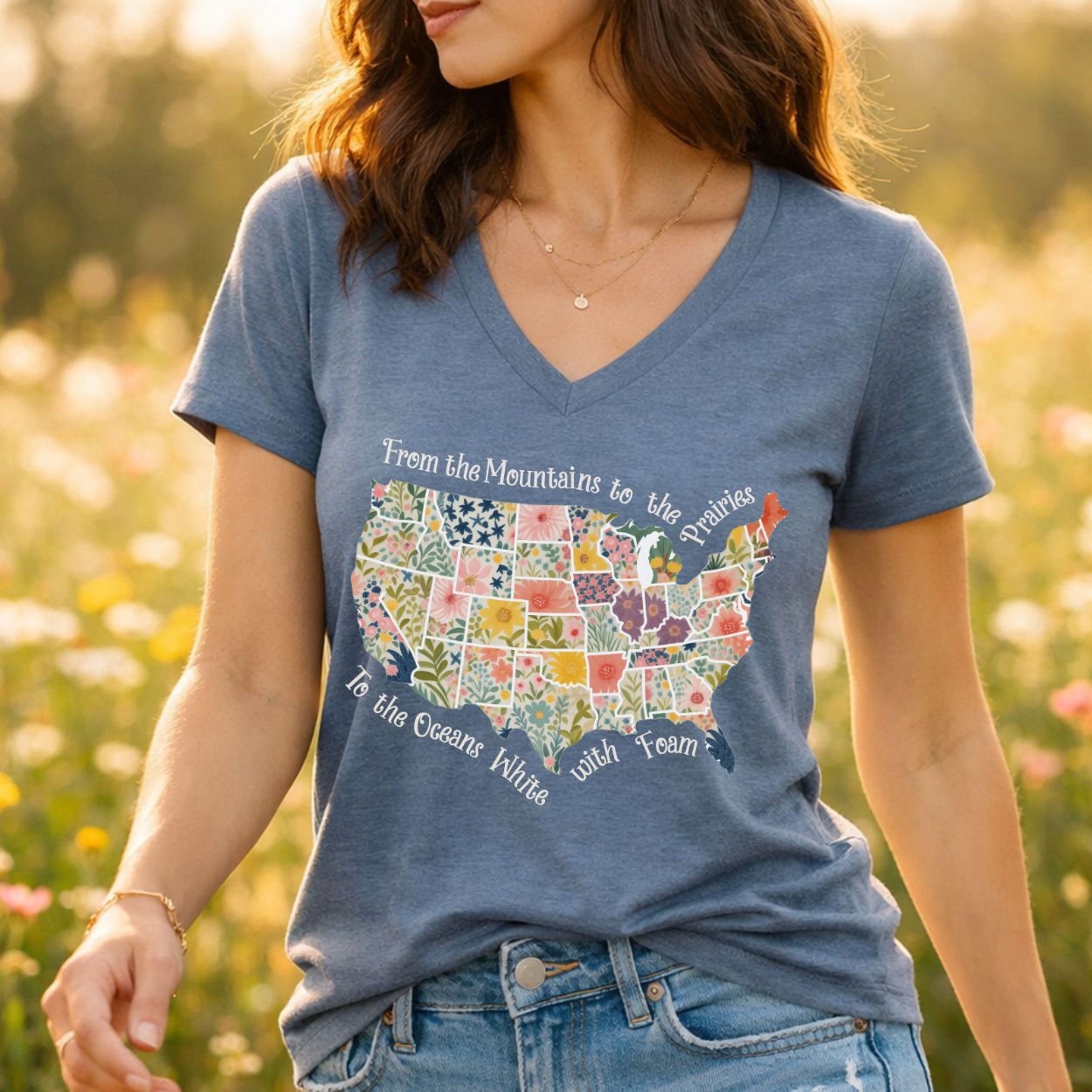 America the Beautiful Floral Map V-Neck T-Shirt