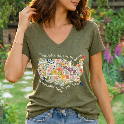 America the Beautiful Floral Map V-Neck T-Shirt