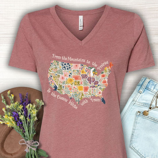 America the Beautiful Floral Map V-Neck T-Shirt