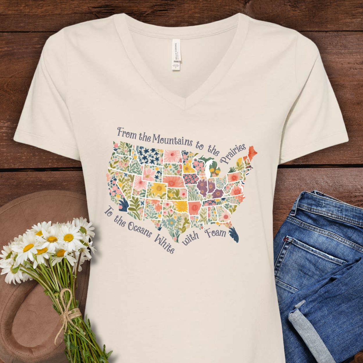 America the Beautiful Floral Map V-Neck T-Shirt