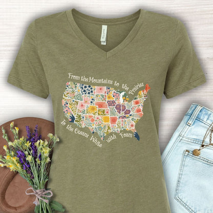 America the Beautiful Floral Map V-Neck T-Shirt