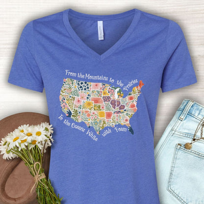 America the Beautiful Floral Map V-Neck T-Shirt