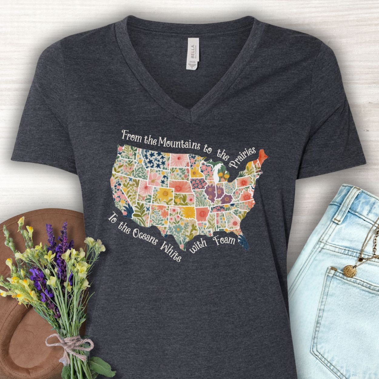 America the Beautiful Floral Map V-Neck T-Shirt