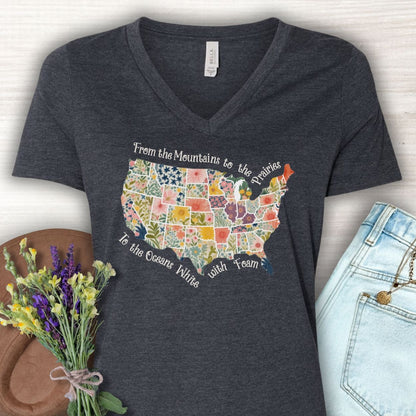 America the Beautiful Floral Map V-Neck T-Shirt