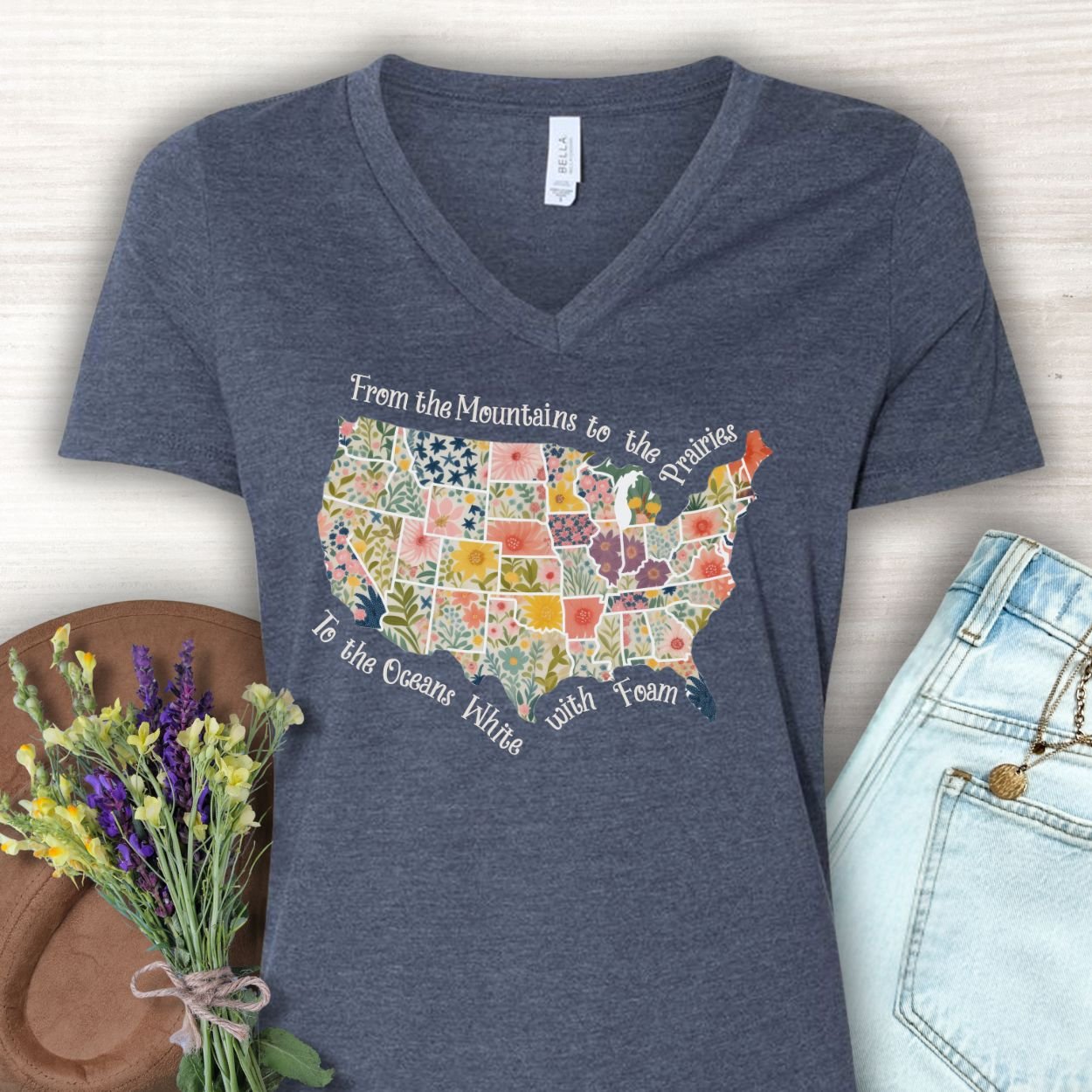 America the Beautiful Floral Map V-Neck T-Shirt