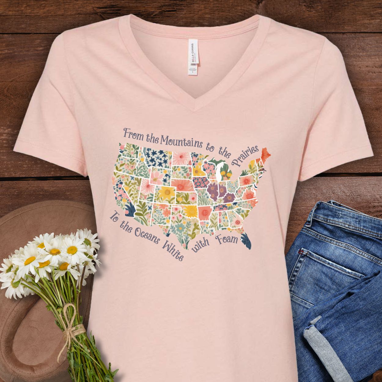 America the Beautiful Floral Map V-Neck T-Shirt