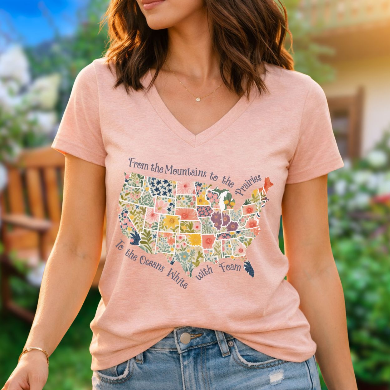 America the Beautiful Floral Map V-Neck T-Shirt