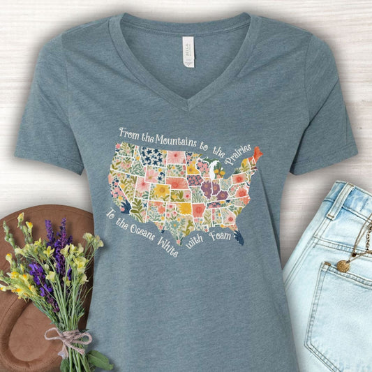 America the Beautiful Floral Map V-Neck T-Shirt