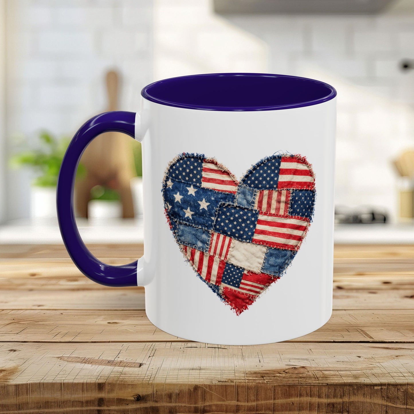 White ceramic mug with a purple handle and interior, featuring a stitched American flag patchwork heart design.