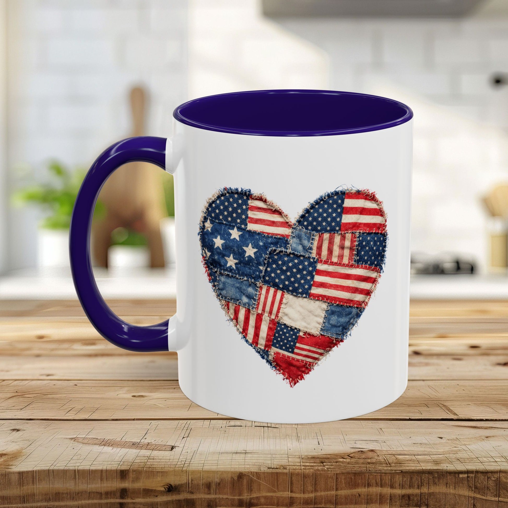 White ceramic mug with a purple handle and interior, featuring a stitched American flag patchwork heart design.